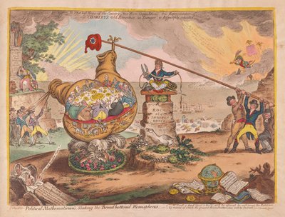 Matematycy polityczni potrząsający tablicą Półkule, wyd. 1807 (grawerowanie ręcznie kolorowane) autorstwa James Gillray