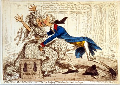 "Political Ravishment - czyli starsza pani z Threadneedle Street w niebezpieczeństwie!" autorstwa James Gillray