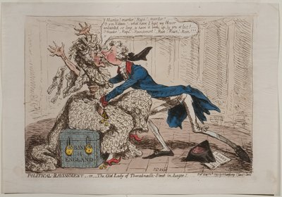 Zwariowanie polityczne, czyli The Old Lady of Threadneedle Street w niebezpieczeństwie!, opublikowane przez Hannah Humphrey, 1797 (akwaforta ręcznie kolorowana) autorstwa James Gillray