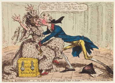 Polityczne szaleństwo, czyli Stara Dama z Threadneedle Street w niebezpieczeństwie!, 1797 autorstwa James Gillray