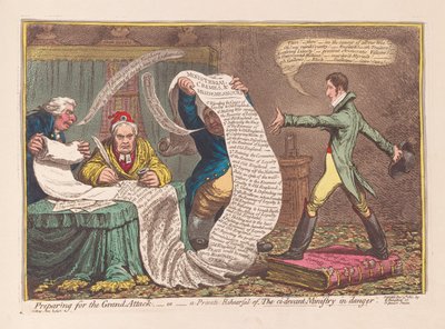 Przygotowania do Wielkiego Ataku, czyli prywatna próba Ci-devanckiej służby w niebezpieczeństwie, wyd. 1801 (ręcznie kolorowany grawer) autorstwa James Gillray
