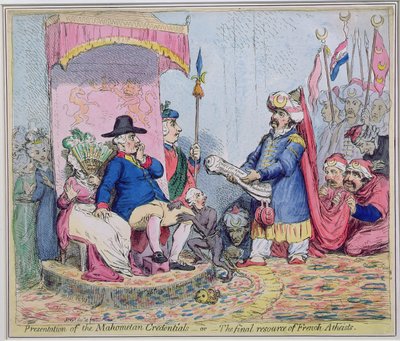 Prezentacja Mahometańskich Poświadczeń, czyli Ostateczne Zasoby Francuskiego Ateisty autorstwa James Gillray