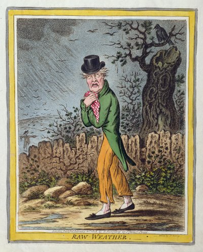 Raw Weather, opublikowana przez Hannah Humphrey w 1808 r. (akwaforta ręcznie kolorowana) autorstwa James Gillray