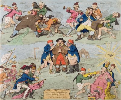 Sans-Culottes Feeding Europe with the Bread of Liberty, wyd. Hannah Humphrey w 1793 r. (akwaforta ręcznie kolorowana) autorstwa James Gillray