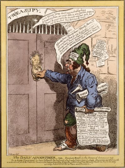 Karykatura satyryczna w Daily Advertiser dotycząca przemówienia Dundas w Izbie Gmin, 1797 autorstwa James Gillray