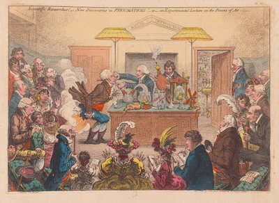 Badania naukowe! Nowe odkrycia w Pneumatykach! Albo wykład eksperymentalny na temat Powers of Air, wyd. 1802 (grawerowanie ręcznie kolorowane) autorstwa James Gillray
