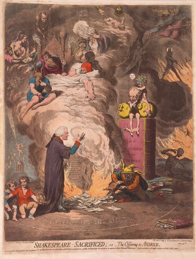 Szekspir złożony w ofierze lub Ofiara skąpstwa, wyd. 1789 (grawerowanie ręcznie kolorowane) autorstwa James Gillray