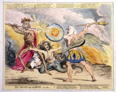Grzech, śmierć i diabeł, wydana przez Hannah Humphrey w 1792 r. (akwaforta ręcznie kolorowana) autorstwa James Gillray