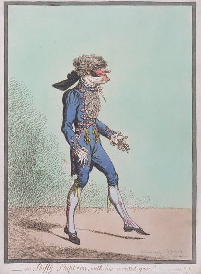 „So Skiffy-Skipt-on, with his wonted grace” opublikowane przez Hannah Humphrey w 1800 roku (akwaforta ręcznie kolorowana) autorstwa James Gillray