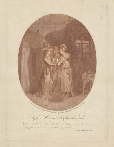 Zofia, Honor i pokojówka, scena z Toma Jonesa autorstwa Henry Fieldinga (1707-54) (rycina kropkowana) autorstwa James Gillray
