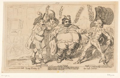 Spotprent op Charles Fox, 1788 Król Henryk IV. Ostatnia scena (tytuł na obiekcie) autorstwa James Gillray