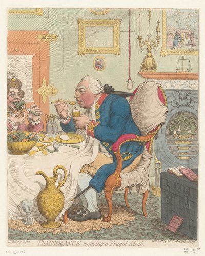 Spotprent op George III, 1792 Temperance delektuje się oszczędnym posiłkiem (tytuł na obiekcie) autorstwa James Gillray