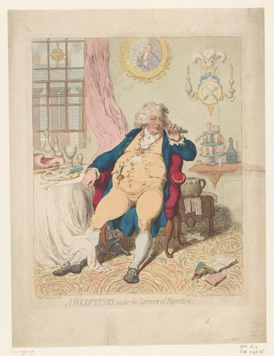 Spotprent op Jerzego IV, 1792 Voluptuary pod okropnościami Trawienia (tytuł na obiekcie) autorstwa James Gillray