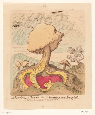 Karykatura Williama Pitta Młodszego, 1791 Narośl; - grzyb; -alias- muchomor na wzgórzu gnoju autorstwa James Gillray
