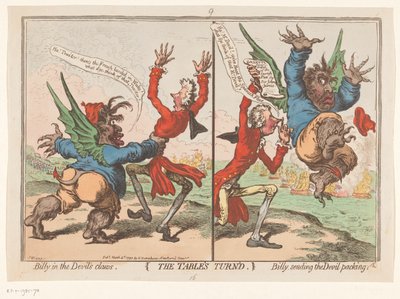 Spotprent op William Pitt i Charles Fox, 1797 Obrót stołu (tytuł na obiekcie) autorstwa James Gillray