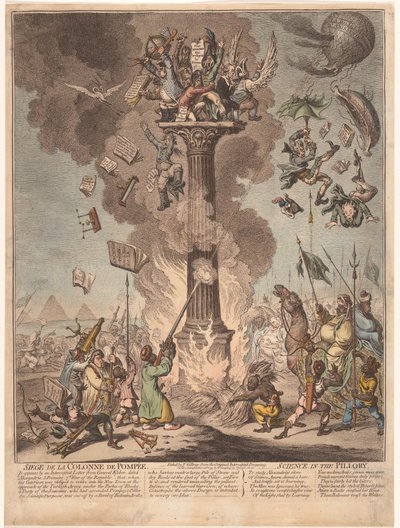 Karykatura francuskiej wyprawy do Egiptu, 1799 Siege de la Colonne de Pompee / Nauka pod pręgierzem (tytuł na obiekcie) autorstwa James Gillray