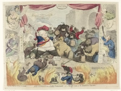 Karykatura paniki wśród patriotów po odzyskaniu namiestnika Wilhelma V, 1787 r. Amsterdam w trudnej sytuacji, - lub - Ostatnia scena republikańskiej pantomimy (tytuł na obiekcie) autorstwa James Gillray