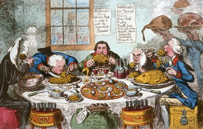 Substitutes for Bread, or Right Honourables Saving the Loaves  Dividing the Fishes, opublikowane przez Hannah Humphrey w 1795 r. (ręcznie kolorowana akwaforta) autorstwa James Gillray
