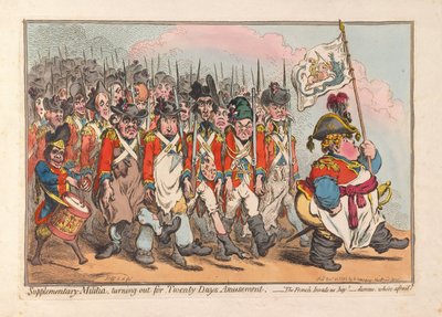 Milicja uzupełniająca, zgłaszająca się do Twenty Days Amusement, wyd. 1796 (grawerowanie ręcznie kolorowane) autorstwa James Gillray
