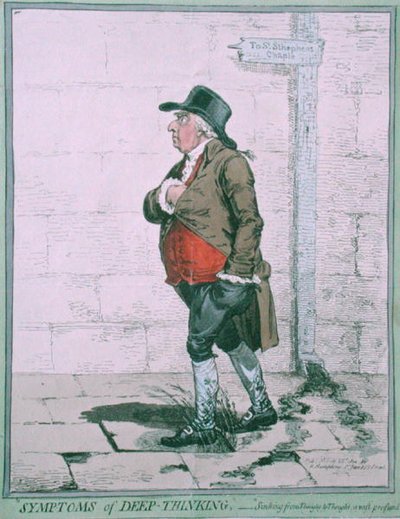 Symptomy głębokiego myślenia, opublikowane przez Hannah Humphrey w 1800 roku (akwaforta ręcznie kolorowana) autorstwa James Gillray