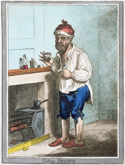 Taking Physick, opublikowane przez Hannah Humphrey w 1800 roku (akwaforta ręcznie kolorowana) autorstwa James Gillray