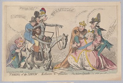 Poskromienie złośnicy: Katherine i Petruchio; Modern Quixotte, czyli jak wolisz, pub. 1791 (grawerowanie ręcznie kolorowane) autorstwa James Gillray