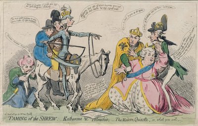 Poskromienie złośnicy: Katherine und Petruchio, czyli Współczesny Kichot, wyd. S.W. Fores w 1791 (akwaforta ręcznie kolorowana) autorstwa James Gillray