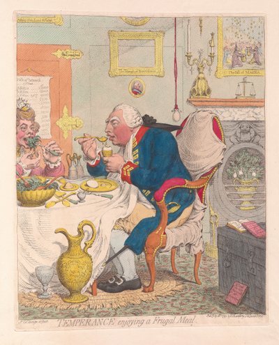 Temperance delektuje się oszczędnym posiłkiem, pub. 1792 (grawerowanie ręcznie kolorowane) autorstwa James Gillray