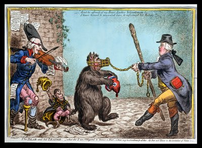 Niedźwiedź i jego przywódca, wydana przez Hannah Humphrey w 1806 roku (akwaforta ręcznie kolorowana) autorstwa James Gillray