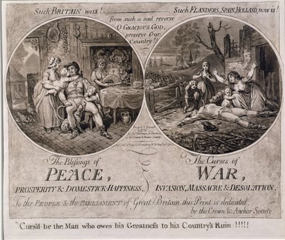 Błogosławieństwa pokoju i przekleństwa wojny, opublikowane przez Hannah Humphrey w 1795 r. autorstwa James Gillray