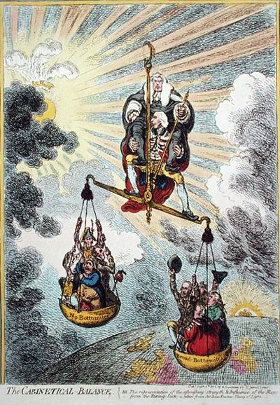 The Cabinetical Balance, wydana przez Hannah Humphrey w 1806 r. (akwaforta ręcznie kolorowana) autorstwa James Gillray