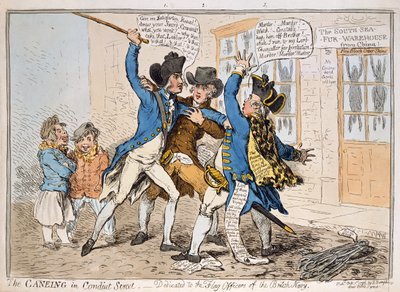The Caneing in Conduit Street, wydana przez Hannah Humphrey, 1796 (akwaforta ręcznie kolorowana) autorstwa James Gillray