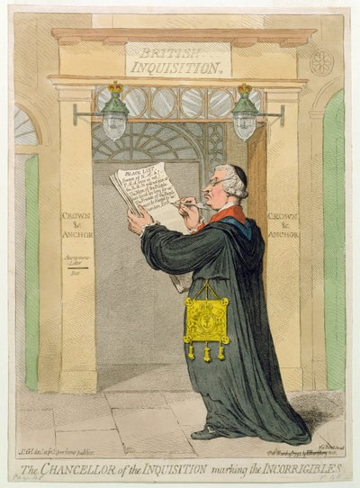 Kanclerz Inkwizycji oznaczający Niepoprawnych, opublikowana przez Hannah Humphrey w 1793 r. (akwaforta ręcznie kolorowana) autorstwa James Gillray