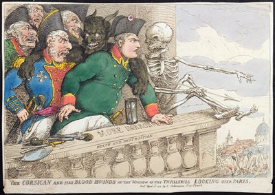 Korsykanin i jego psy gończe w oknie Tuilleries, patrząc na Paryż, opublikowane przez Hannah Humphrey w 1815 roku (akwaforta ręcznie kolorowana) autorstwa James Gillray