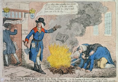 The Crown and Anchor Libel spalony przez publicznego kata, wydany przez Hannah Humphrey w 1795 r. (akwaforta ręcznie kolorowana) autorstwa James Gillray