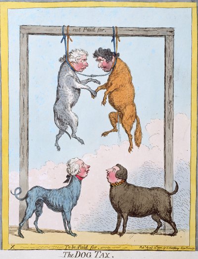 The Dog Tax, wydana przez Hannah Humphrey w 1796 r. (akwaforta ręcznie kolorowana) autorstwa James Gillray