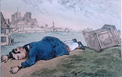 The Fall of Dagon lub Rare News for Leadenhall Street, opublikowana przez Williama Humphreya w 1784 r. (akwaforta ręcznie kolorowana) autorstwa James Gillray