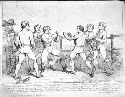 Słynna bitwa między Richardem Humphreysem i Danielem Mendozą, 9 stycznia 1788 r. autorstwa James Gillray