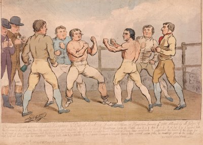 Słynna bitwa między Richardem Humphreysem i Danielem Mendozą, 9 stycznia 1788, wyd. 1788 (grawerowanie ręcznie kolorowane) autorstwa James Gillray