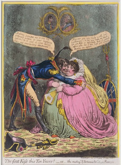 Pierwszy pocałunek od dziesięciu lat! lub The Meeting of Britannia und Citizen Francois, wyd. Hannah Humphrey w 1803 r. (akwaforta ręcznie kolorowana z akwatintą) autorstwa James Gillray
