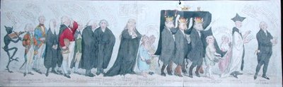 Procesja pogrzebowa Miss Regency, wydana przez S.W. Fores w 1789 (akwaforta ręcznie kolorowana) autorstwa James Gillray