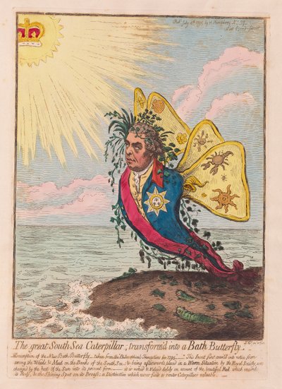 Wielka Gąsienica Morza Południowego, przekształcona w Motyla Kąpielowego, pub. 1792 (grawerowanie ręcznie kolorowane) autorstwa James Gillray