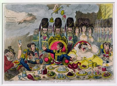The Hand-Writing on the Wall, wydane przez Hannah Humphrey w 1803 r. (akwaforta ręcznie kolorowana) autorstwa James Gillray