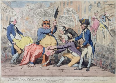 The Hopes of the Party, prior to July 14th - "From such wicked Crown and Anchor-Dreams, good Lord deliver us", opublikowane przez S.W. Foresa w 1791 r. (akwaforta ręcznie kolorowana) autorstwa James Gillray