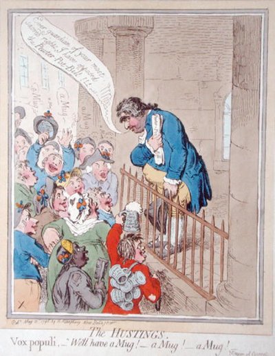 The Hustings, wydana przez Hannah Humphrey w 1796 r. (akwaforta ręcznie kolorowana) autorstwa James Gillray