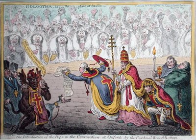 Wprowadzenie papieża na konwokację w Oksfordzie przez kardynała Broad-Bottoma, opublikowane przez Hannah Humphrey w 1809 r. (akwaforta ręcznie kolorowana) autorstwa James Gillray