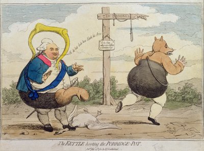 The Kettle Hooting the Porridge-Pot, opublikowany przez PJ Leatherhead w 1782 r. (akwaforta ręcznie kolorowana) autorstwa James Gillray