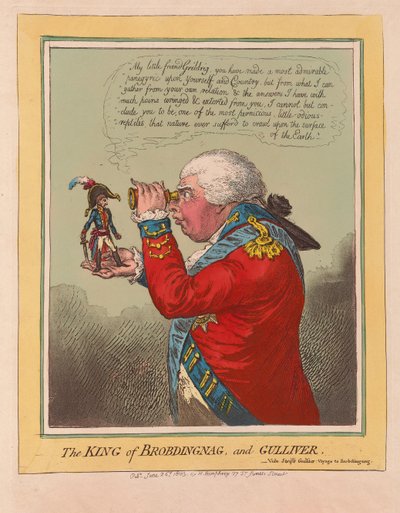 Król Brobdingnag i Guliwer, wyd. 1803 (ręcznie kolorowane grawerowanie) autorstwa James Gillray