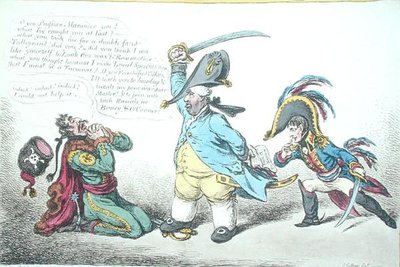 The Magnanimous Minister Chastising Pruski Perfidy, opublikowany przez Hannah Humphrey w 1806 r. (akwaforta ręcznie kolorowana) autorstwa James Gillray