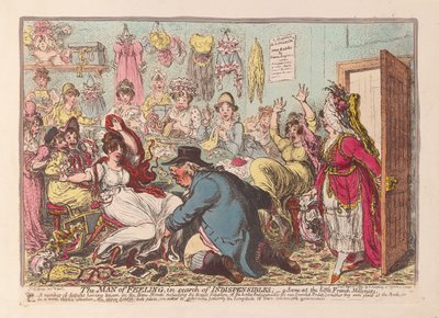 Człowiek uczuciowy w poszukiwaniu niezbędnych rzeczy; scena w małych francuskich Milliners, wyd. 1800 (ręcznie kolorowe grawerowanie) autorstwa James Gillray